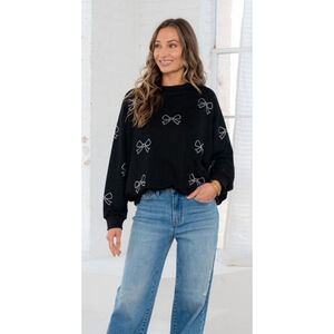 Women's Like Love Black Sweatshirt with Rhinestone Bows, L